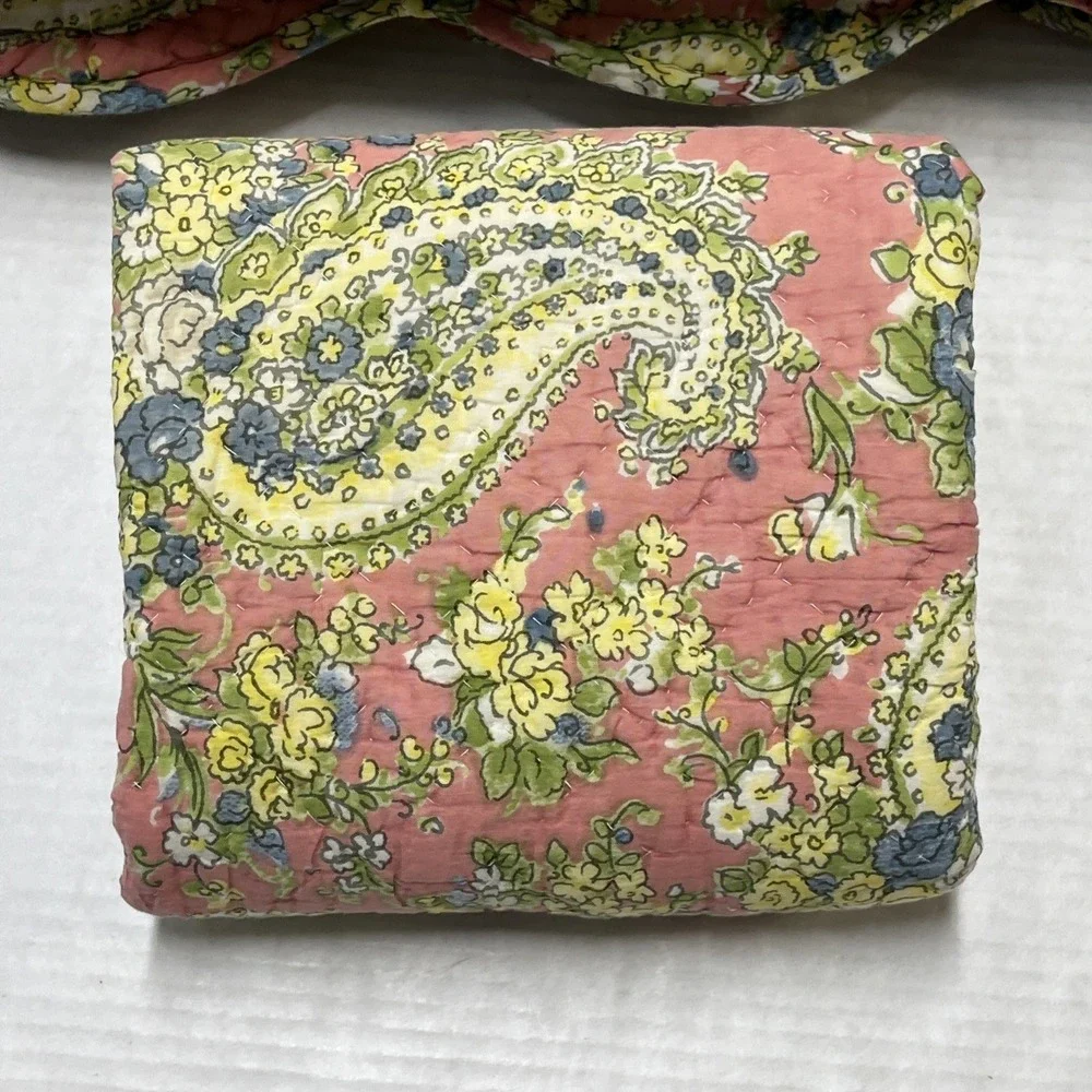 Pottery Barn Queen Quilt & Sham Pic Stitch Blue Pink Floral Paisley Reversible‎